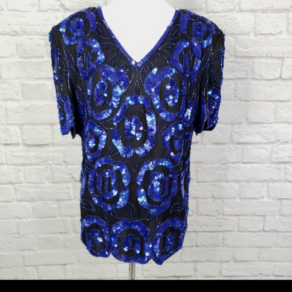 Stenay Royal Blue Sequin Beaded Black Silk Blouse
